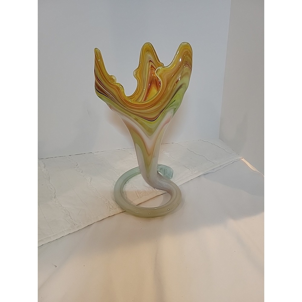 Art Glass Vase Hand Blown Coil Base Swirl Trumpet Vase 10x6" Orange Yellow White